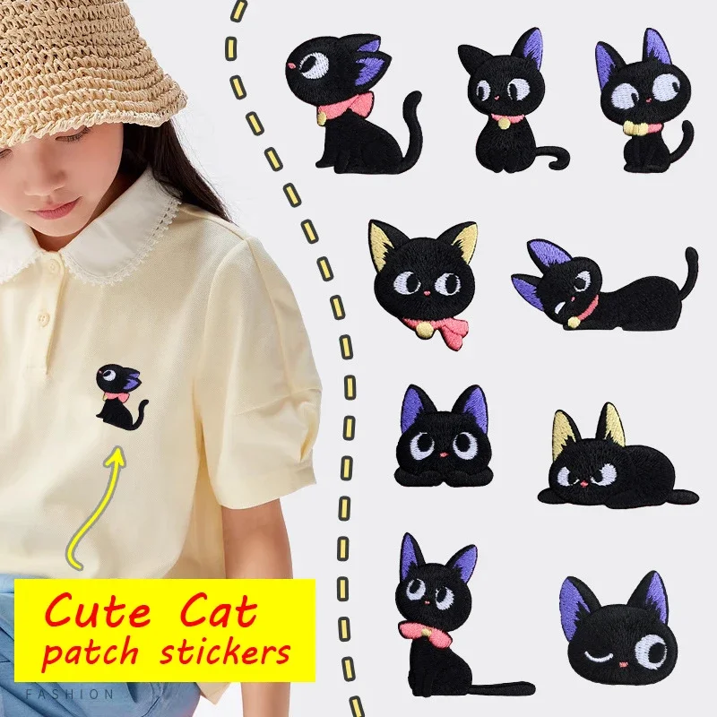 Embroidery On Black Shirt - Autocollants de patch de chat auto-adhésifs