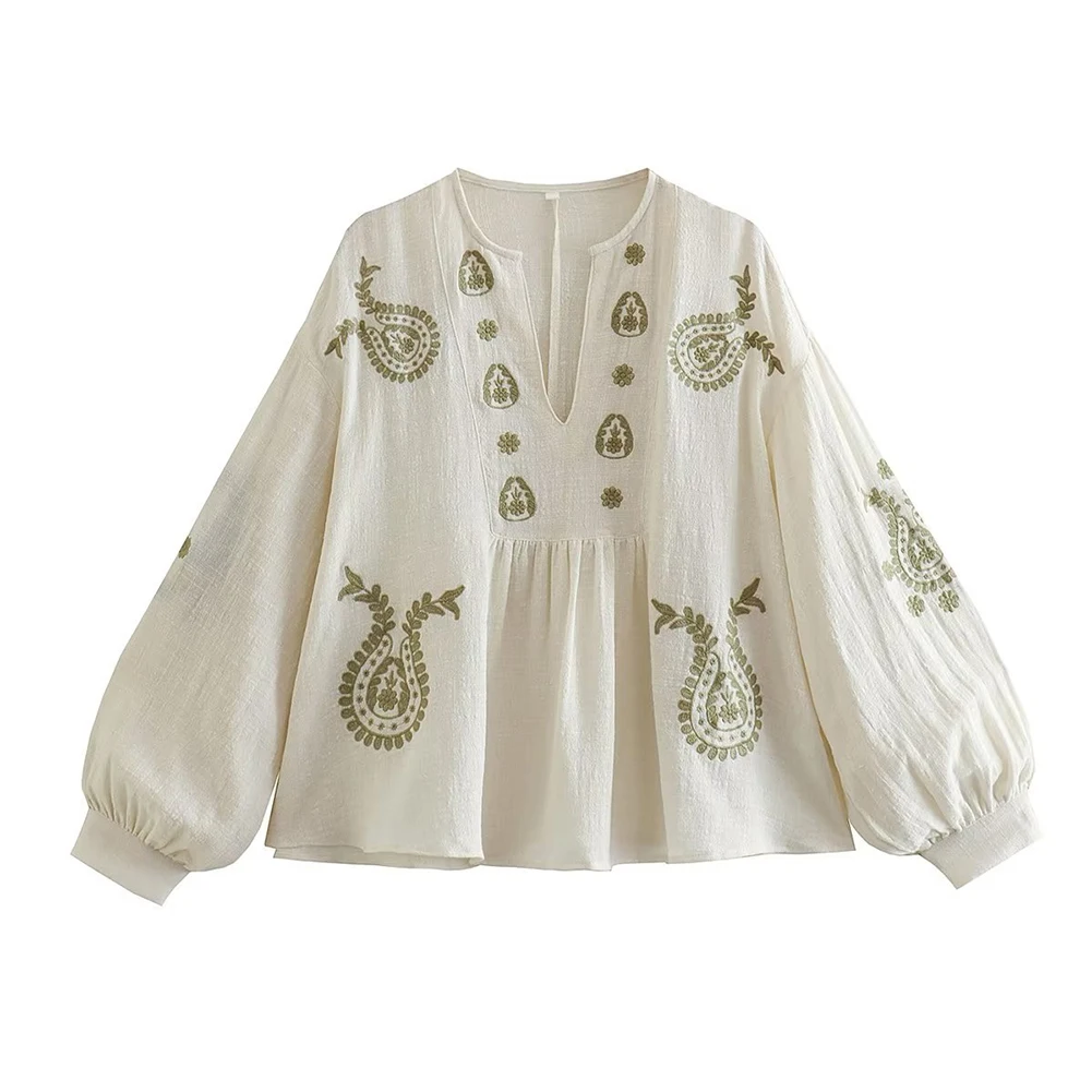 Embroidery On Shirt - Chemise brodée en coton pour femme,