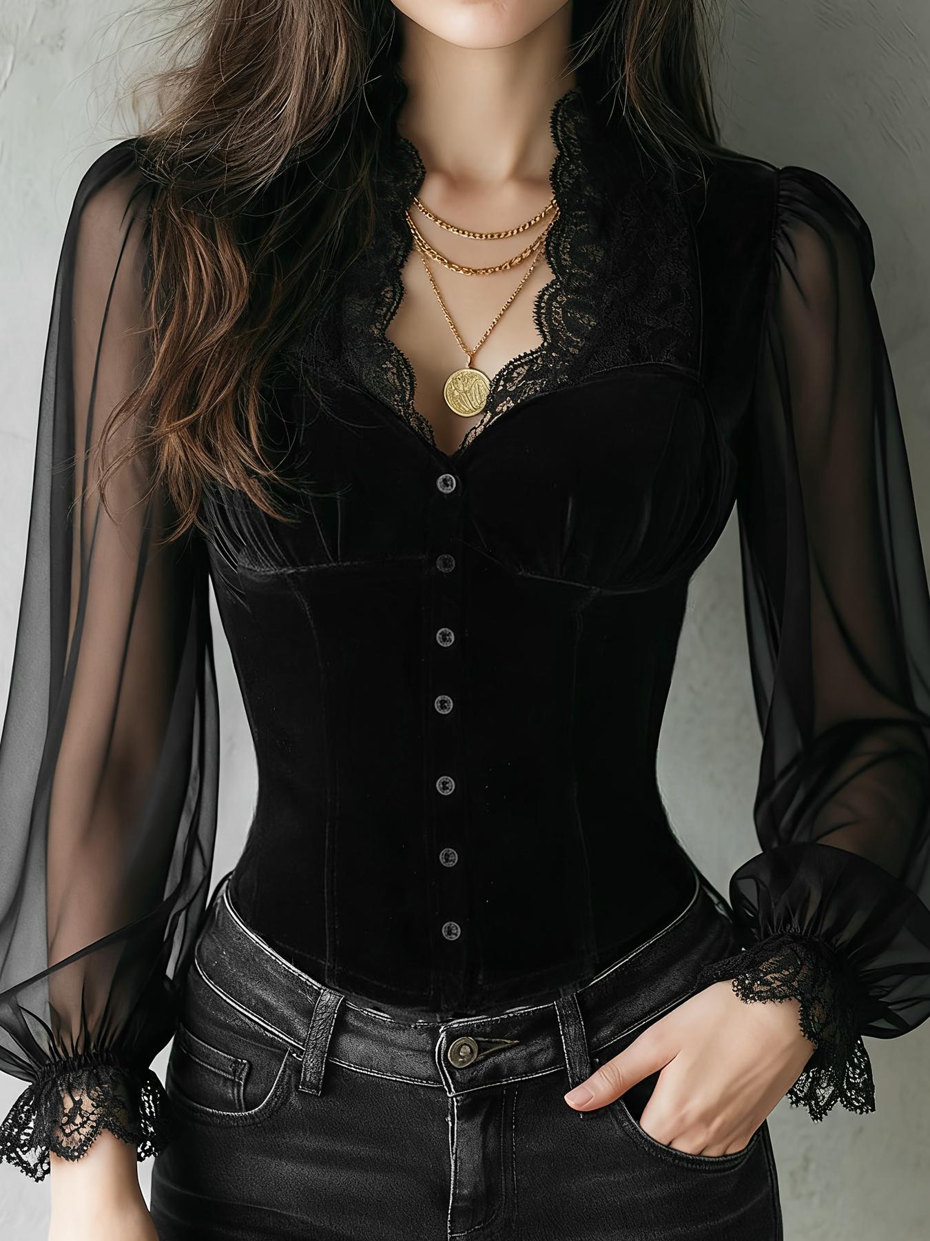 Embroidery Online - Chemisier ajusté pour femme, couleur unie,