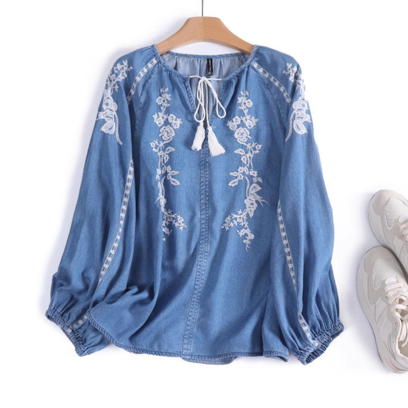 Femmes Denim Blouse haut fleur - Embroidery On Shirt avis et prix